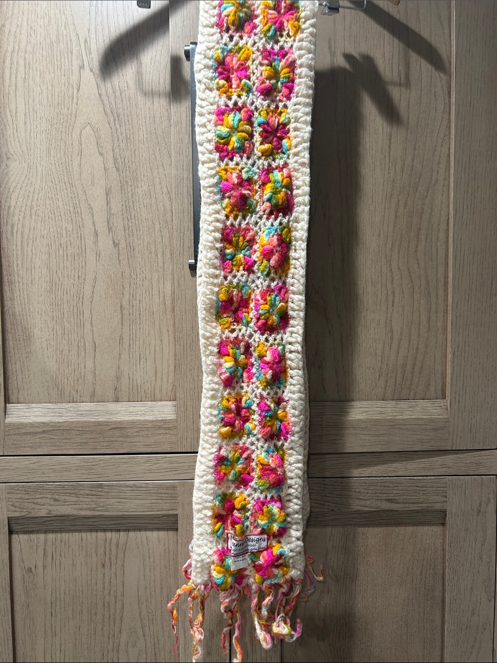 Handknit Crochet Scarf in Cream with bright pinkish Accents
